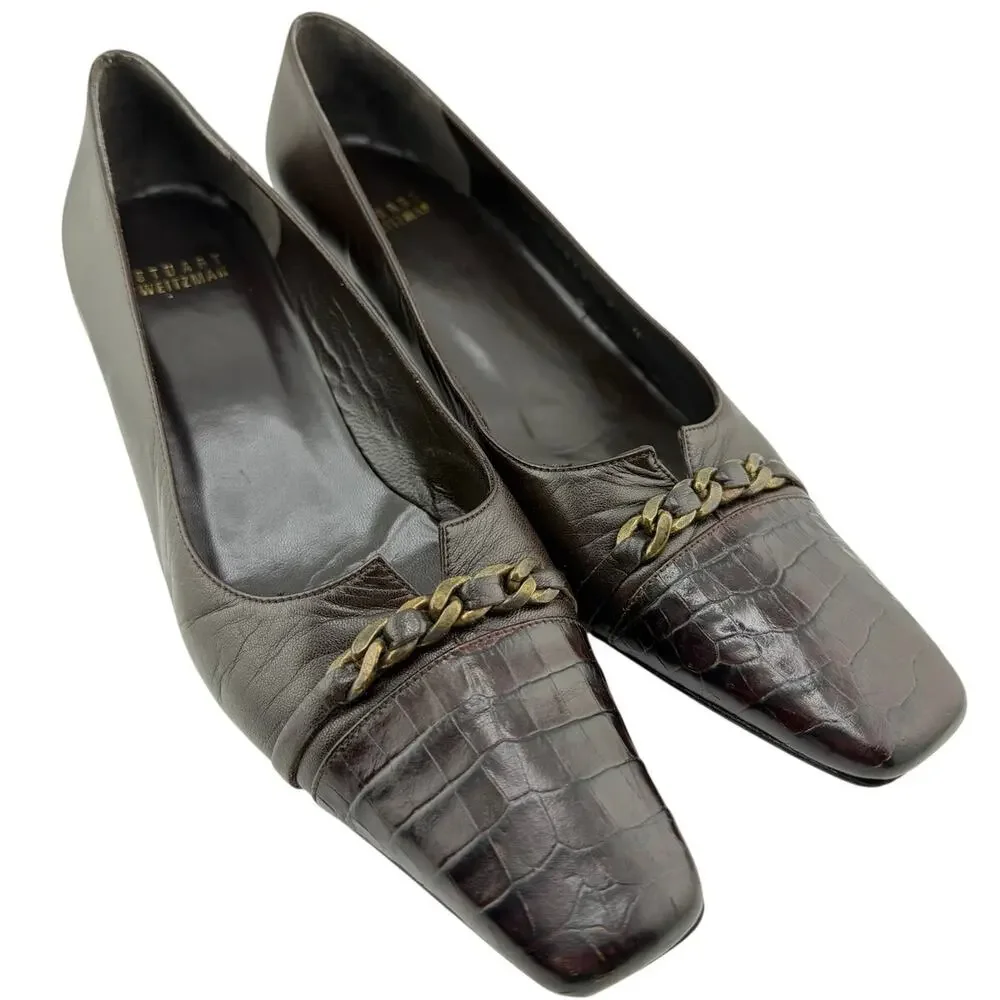 Vintage Stuart Weitzman Brown Leather Kitten Heel Pumps Size 9 Ladies Shoes